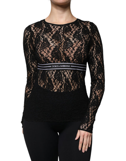 Black Logo Stripe Lace Long Sleeves Top