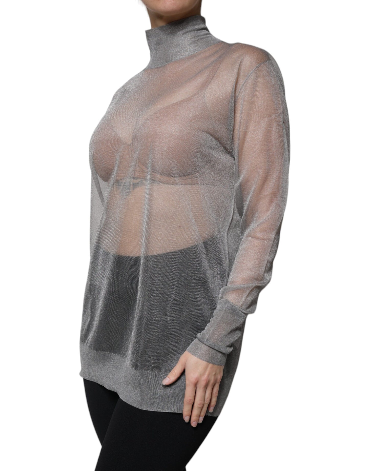 Grey Mesh Turtleneck Long Sleeve Blouse Top