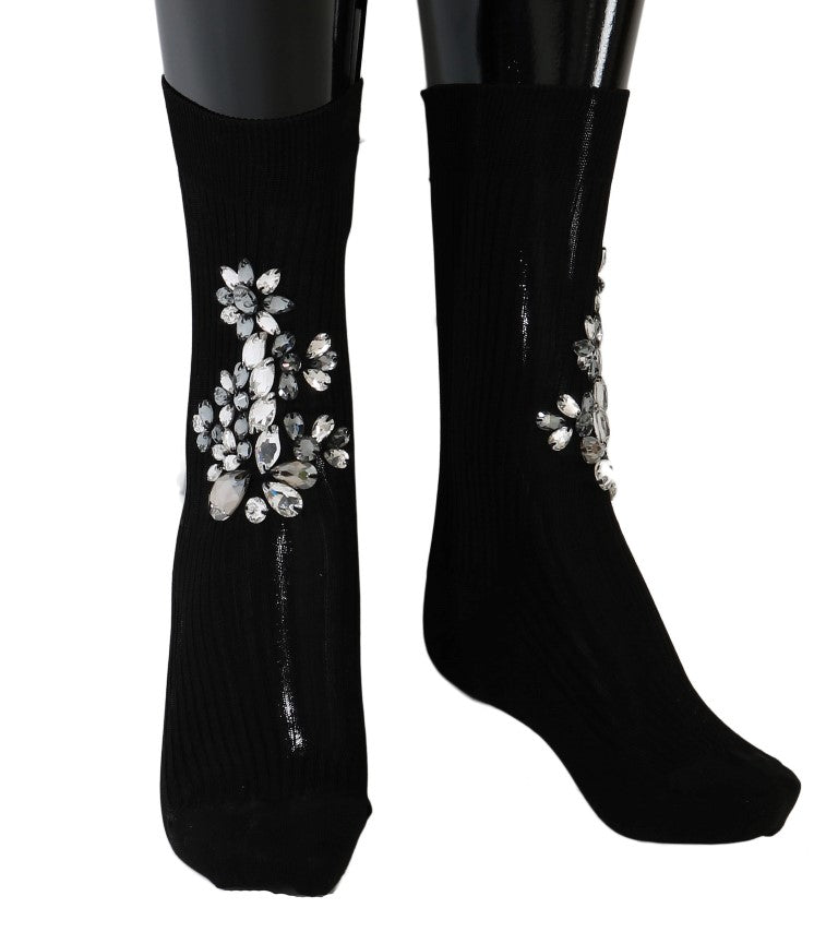 Crystal Embellished Black Knit Stockings