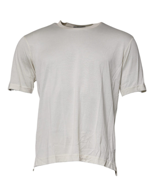 Off White Silk Crew Neck Short Sleeve T-shirt