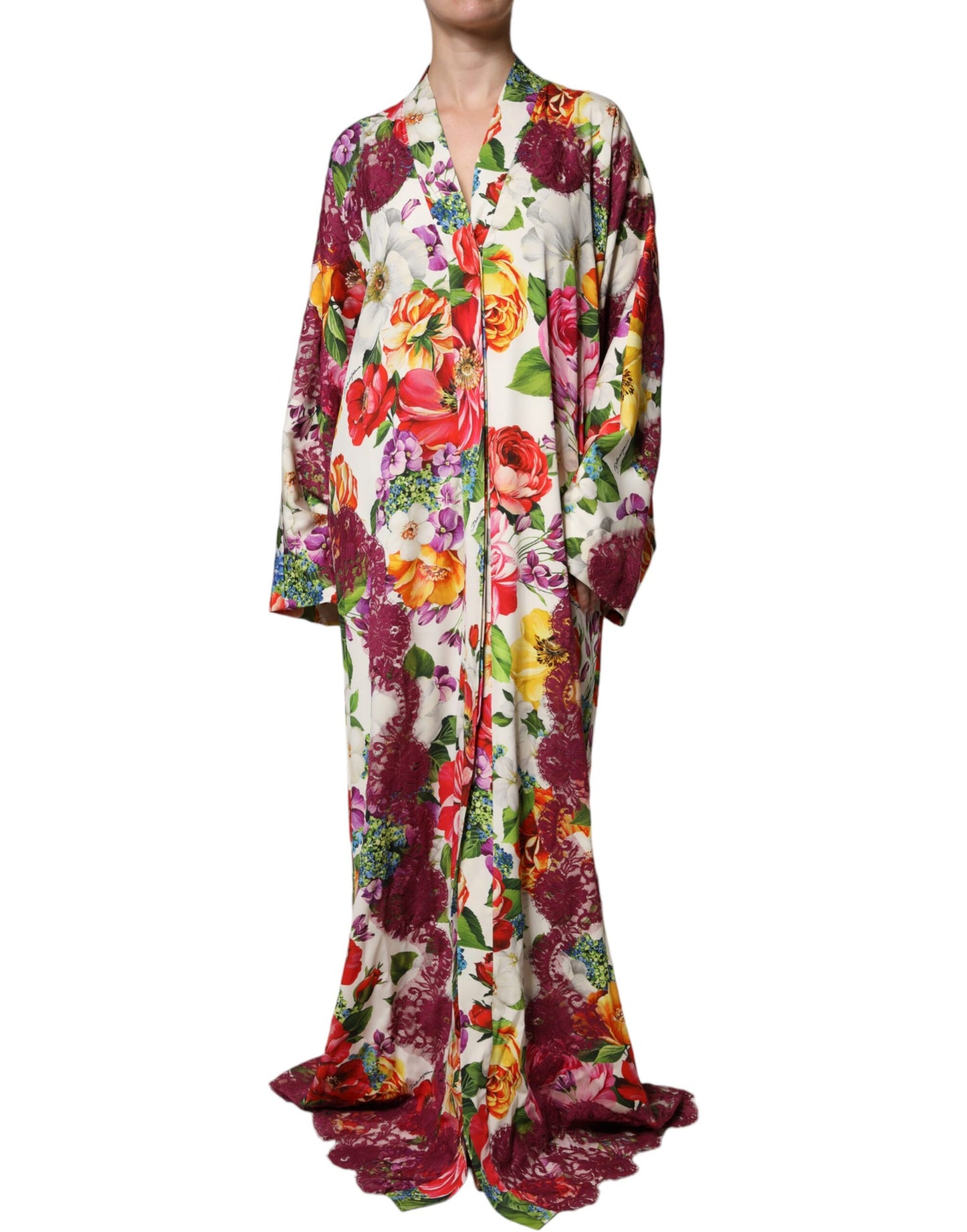 Multicolor Floral Lace Silk Abaya Long Sleeves Dress