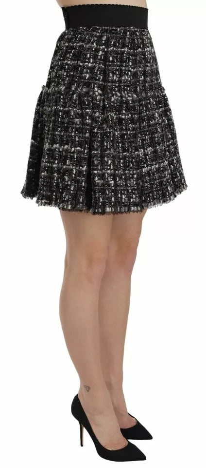 Black Check Flounce Detailed Wool Mini Skirt