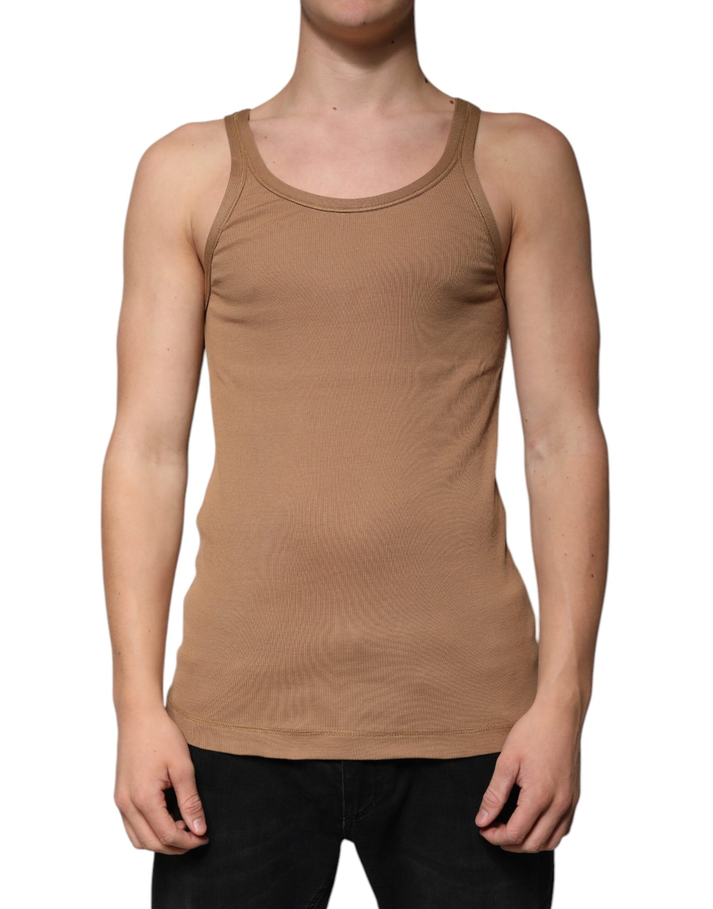 Brown Cotton Sleeveless Round Neck Tank T-shirt