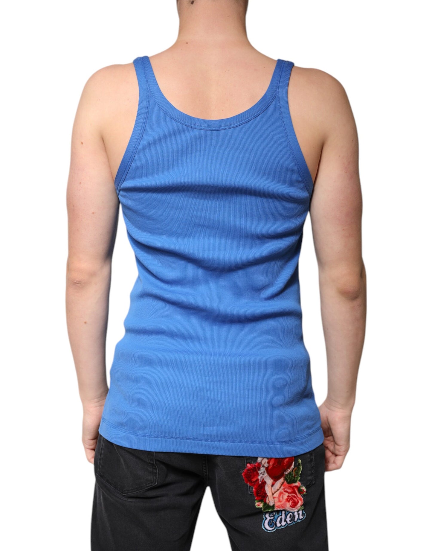 Blue Cotton Sleeveless Round Neck Tank T-shirt