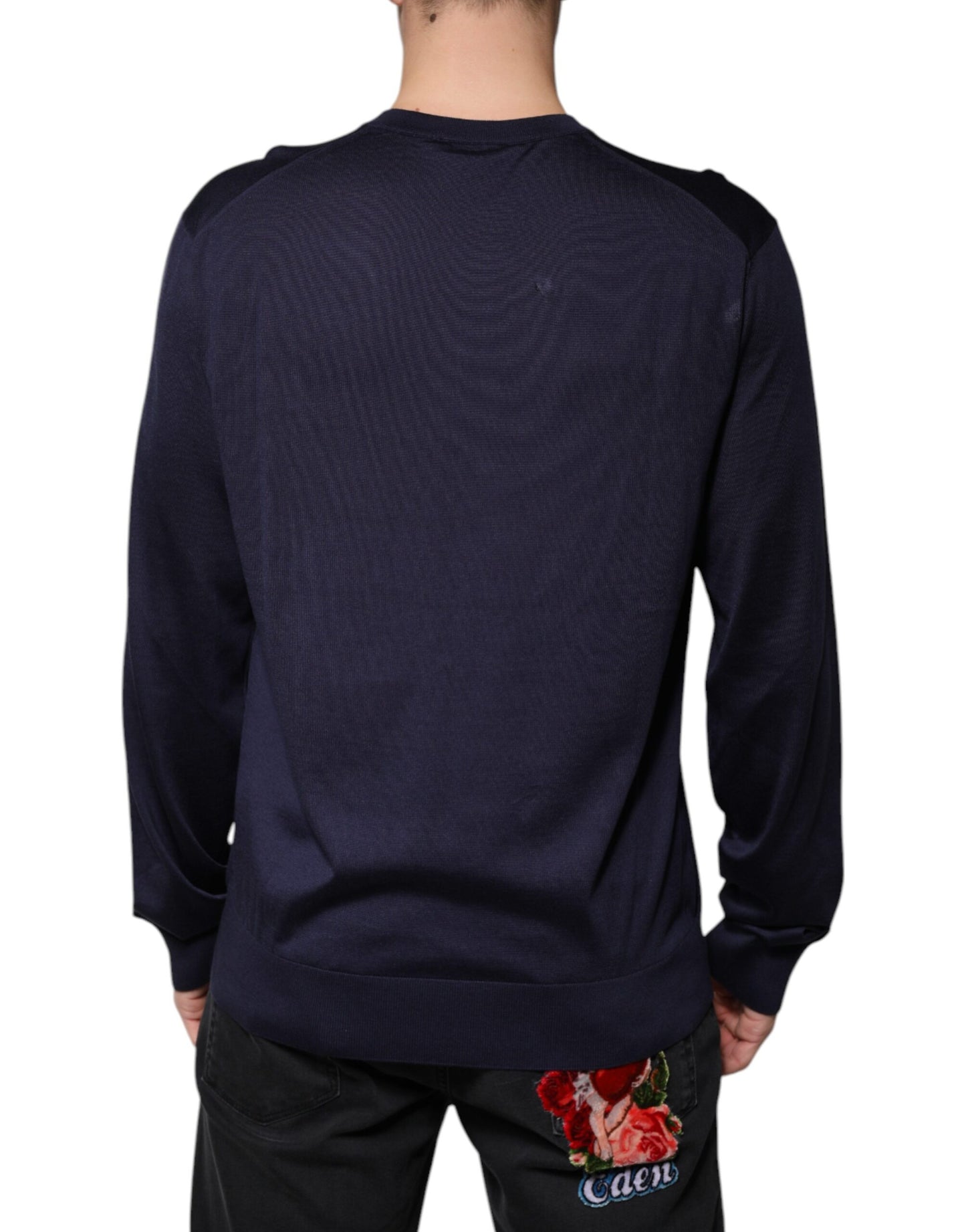 Navy Blue Silk V-neck Pullover Sweater