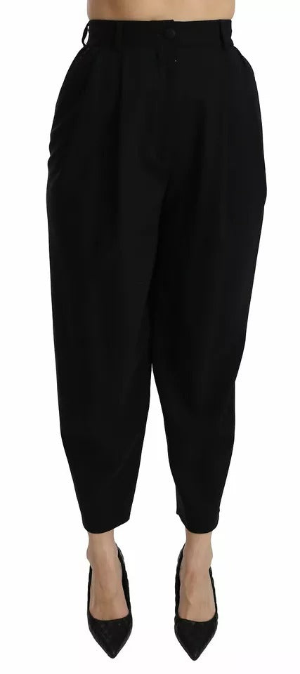 Black Wool High Waist Pleat Front Cropped Pants