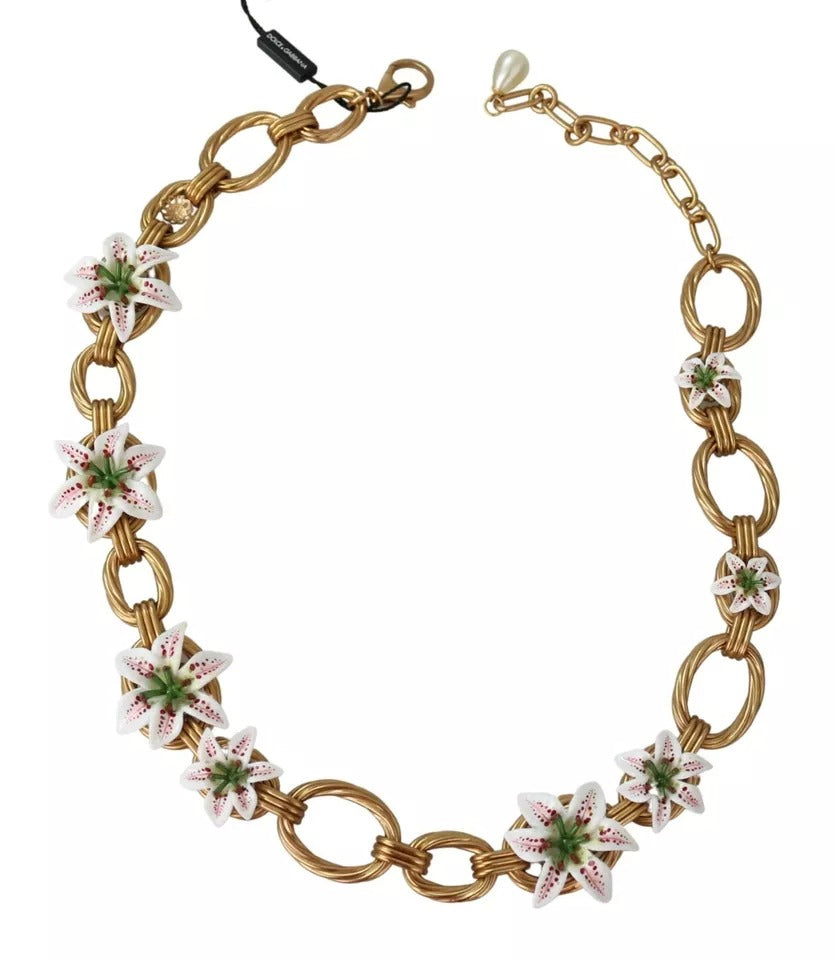 Gold Brass Oversize Chain LILY Flowers Necklace