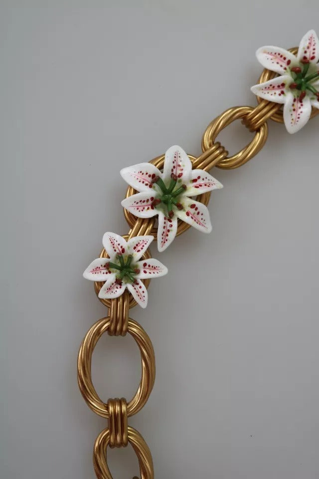 Gold Brass Oversize Chain LILY Flowers Necklace