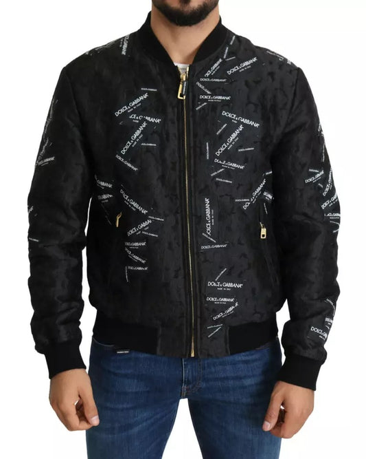 Black Logo Patch Brocade Bomber Full Zip Jacket