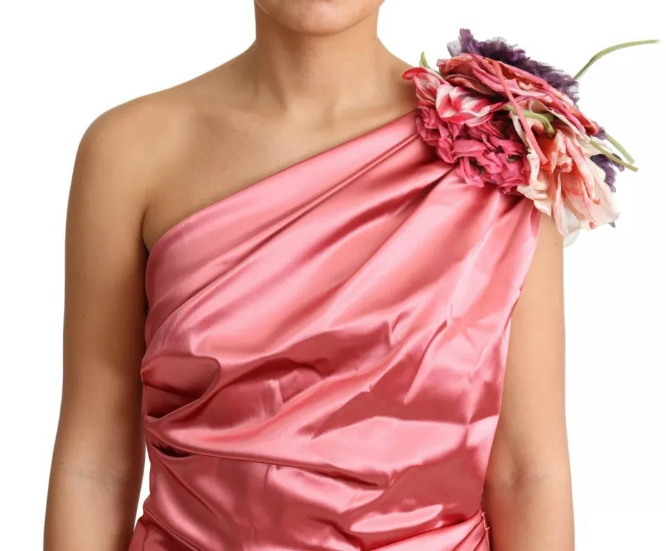 Pink Draped Midi Flower Applique Dress