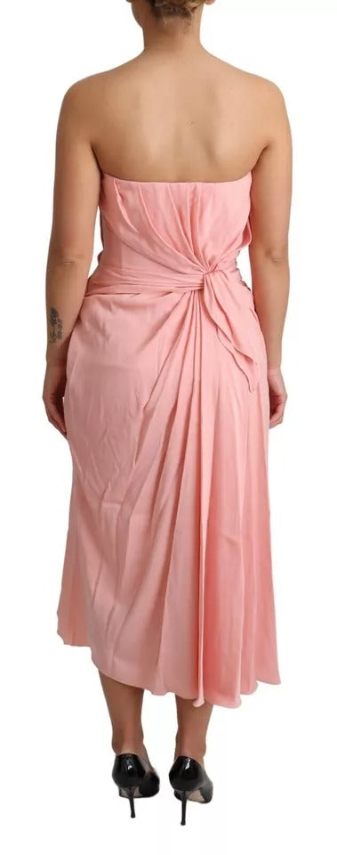 Pink Silk Stretch Strapless Sheath Midi Dress