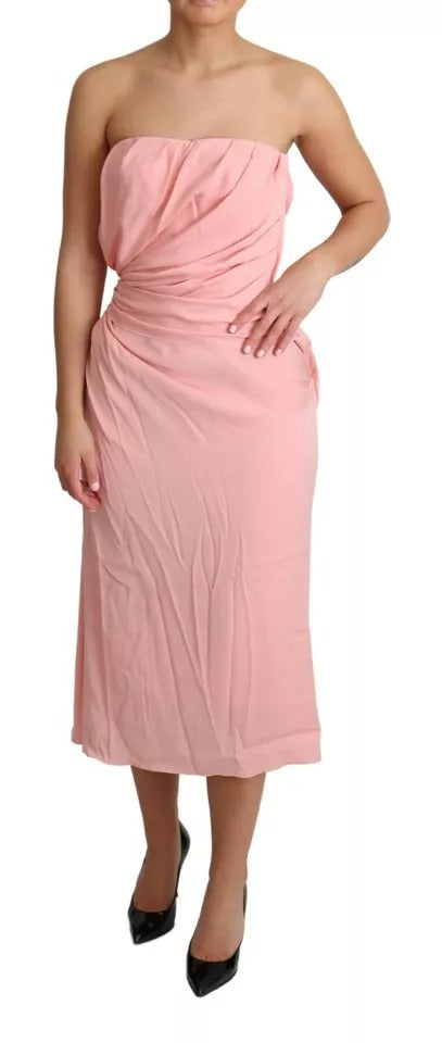 Pink Silk Stretch Strapless Sheath Midi Dress