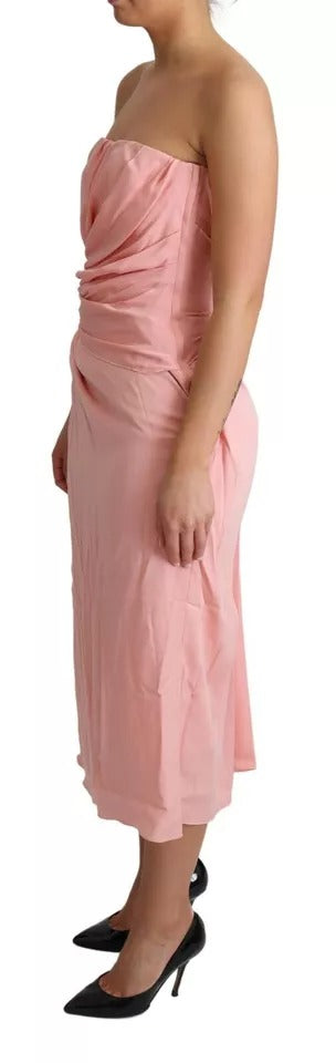 Pink Silk Stretch Strapless Sheath Midi Dress