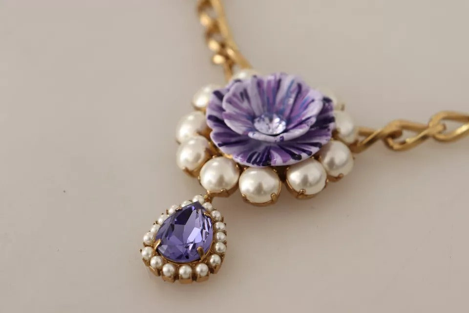 Gold Tone Floral Crystals Purple Embellished Necklace