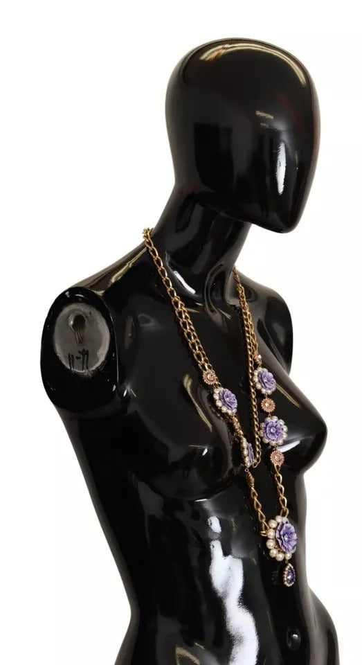 Gold Tone Floral Crystals Purple Embellished Necklace