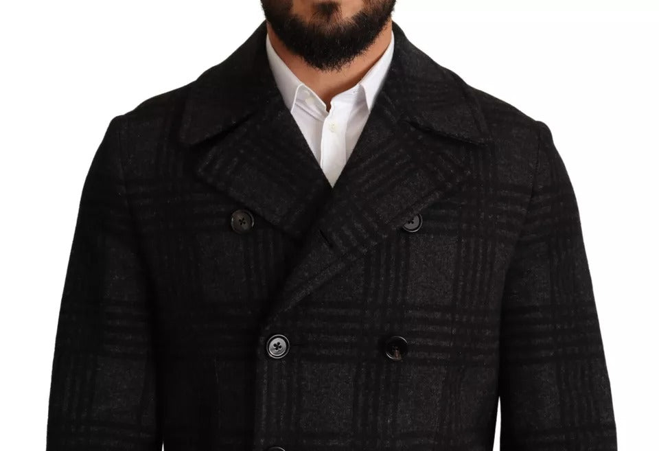 Black Trench Coat Check Wool Jacket