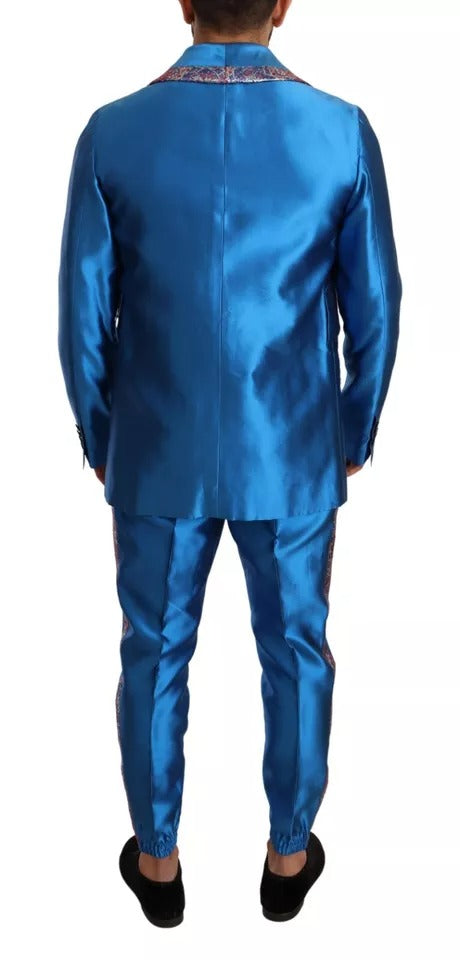 Blue Jacquard Silk Formal 2 Piece Set Suit