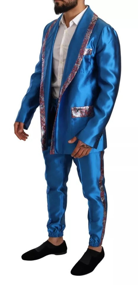 Blue Jacquard Silk Formal 2 Piece Set Suit