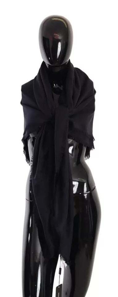 Black Solid Silk Wool Fringe Wrap Scarf