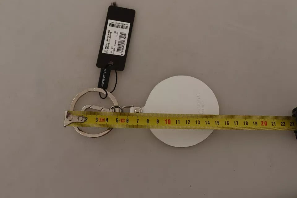 White Leather Printed Metal Silver Tone Keyring Keychain