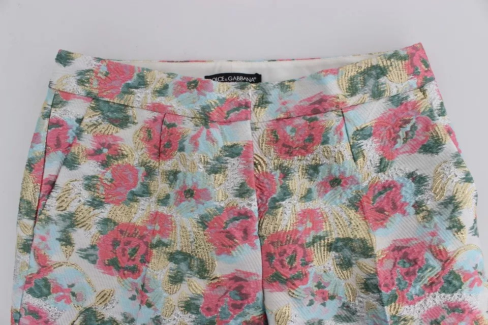 White Pink Floral Brocade Pants