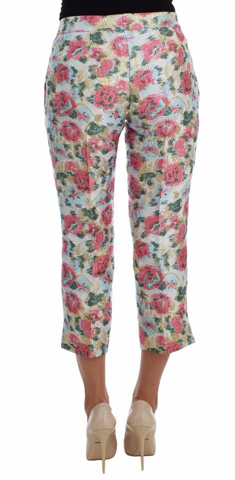 White Pink Floral Brocade Pants