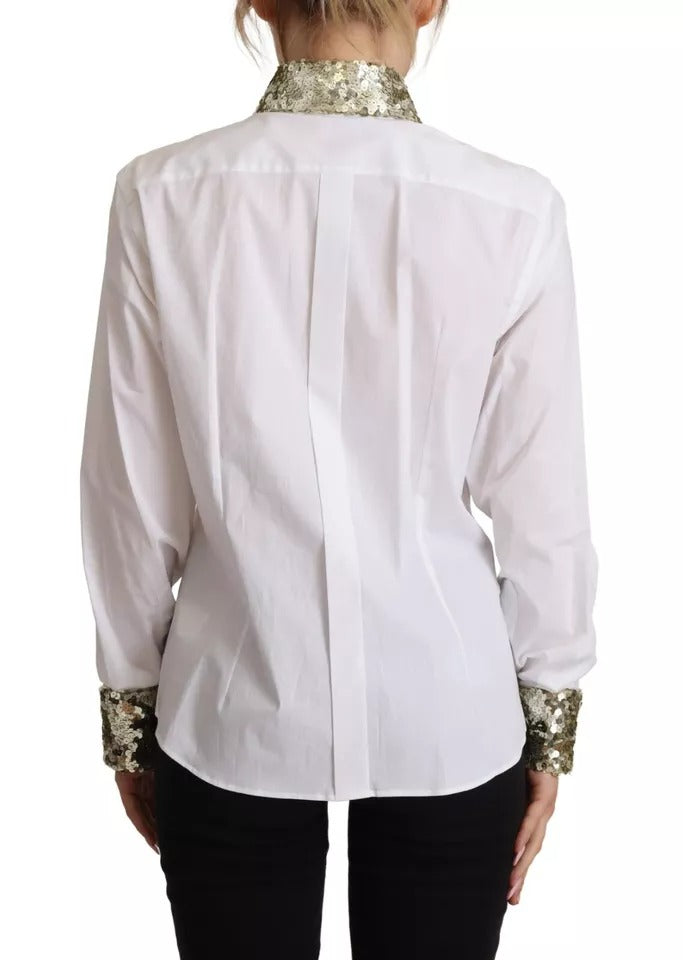 White Cotton Collared Long Sleeves Sequin Top Shirt