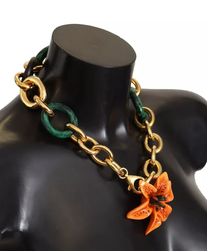 Multicolor Gold Orange Lily Floral Chain Necklace