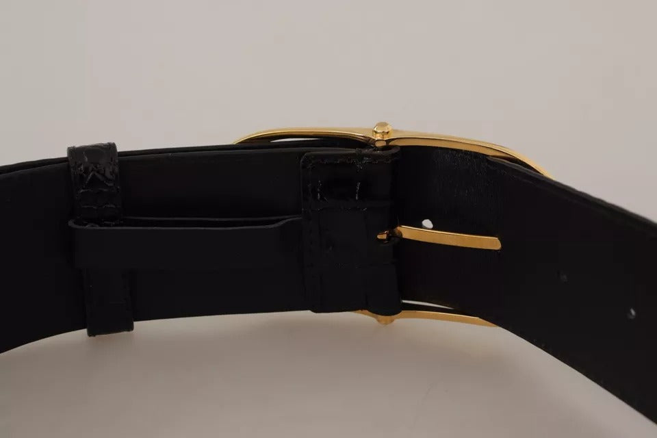 Black Wide Embossed Leather Gold Metal Buckle Belt