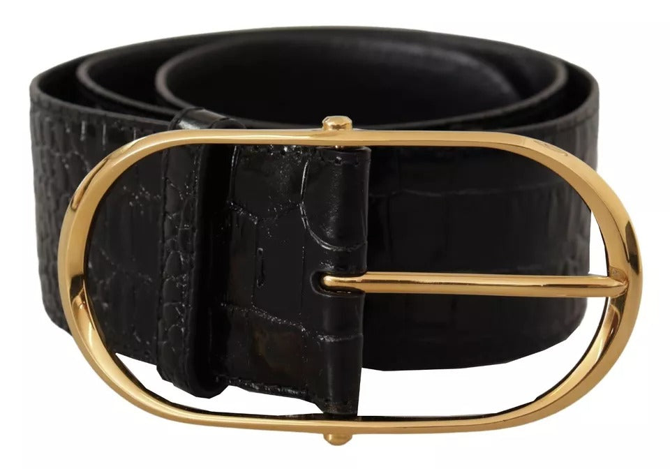 Black Wide Embossed Leather Gold Metal Buckle Belt