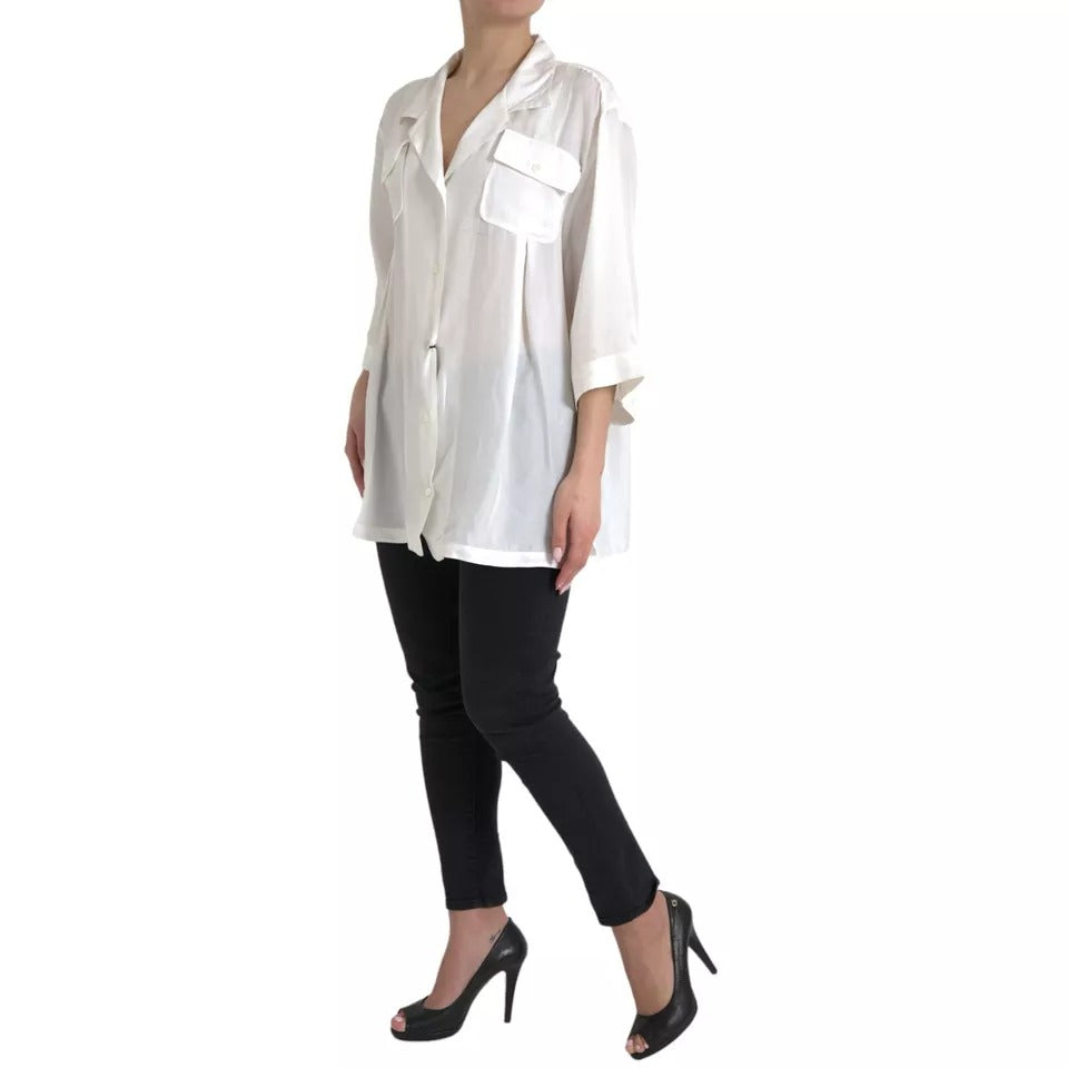 White Silk Collared 3/4 Sleeves Blouse Top