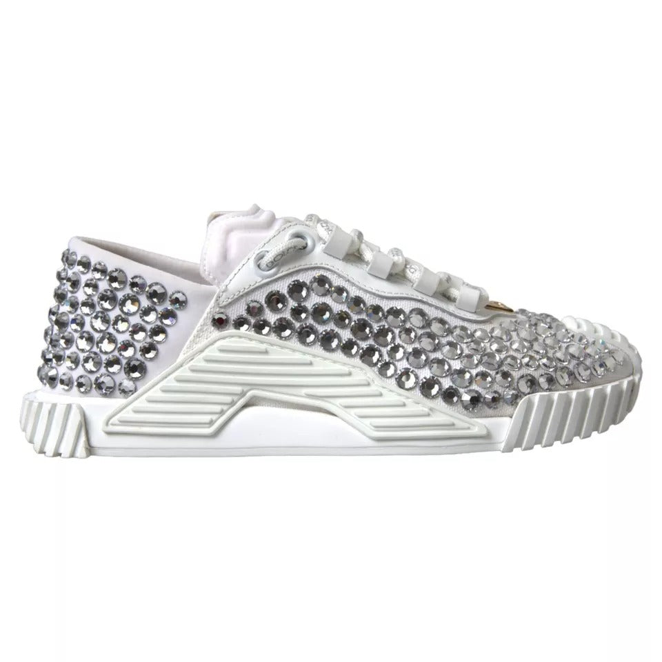 White NS1 Canvas Leather Embellished Sneakers Shoes