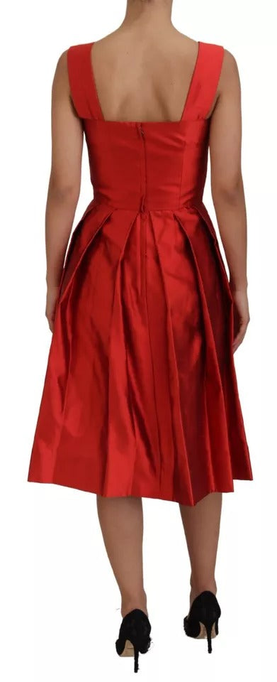 Red A-line Pleated Midi Satin Silk Dress