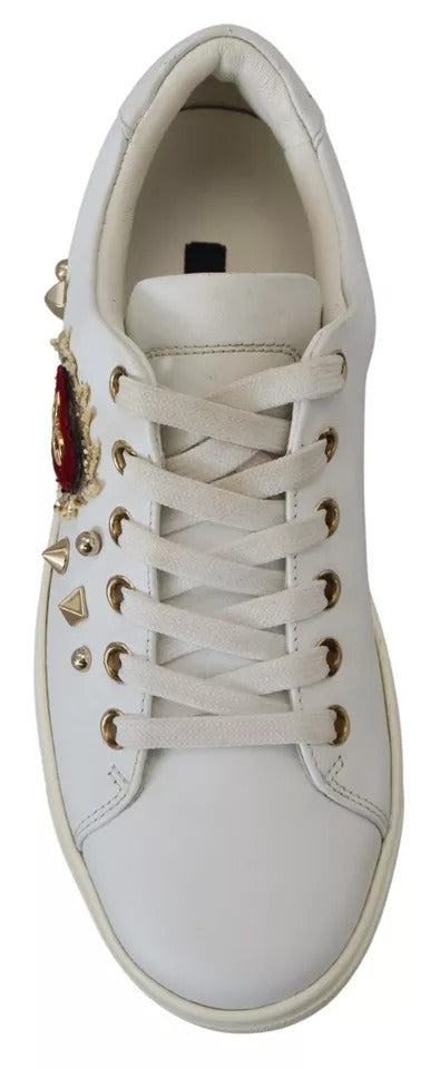 White Leather Gold Red Heart Sneakers Shoes