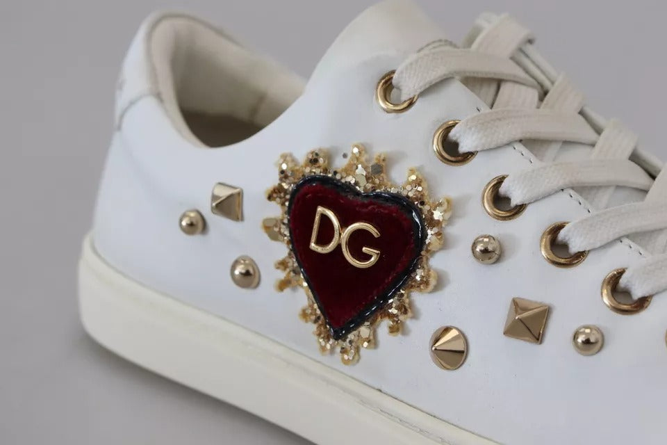 White Leather Gold Red Heart Sneakers Shoes