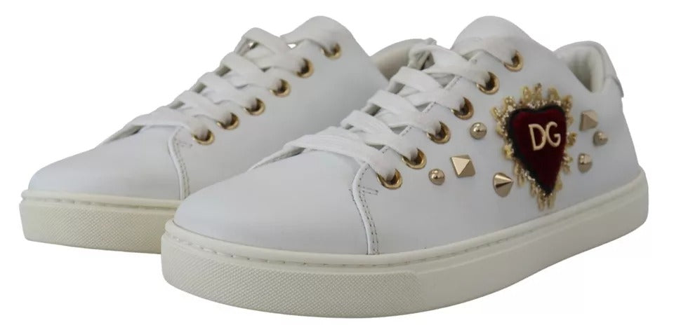 White Leather Gold Red Heart Sneakers Shoes