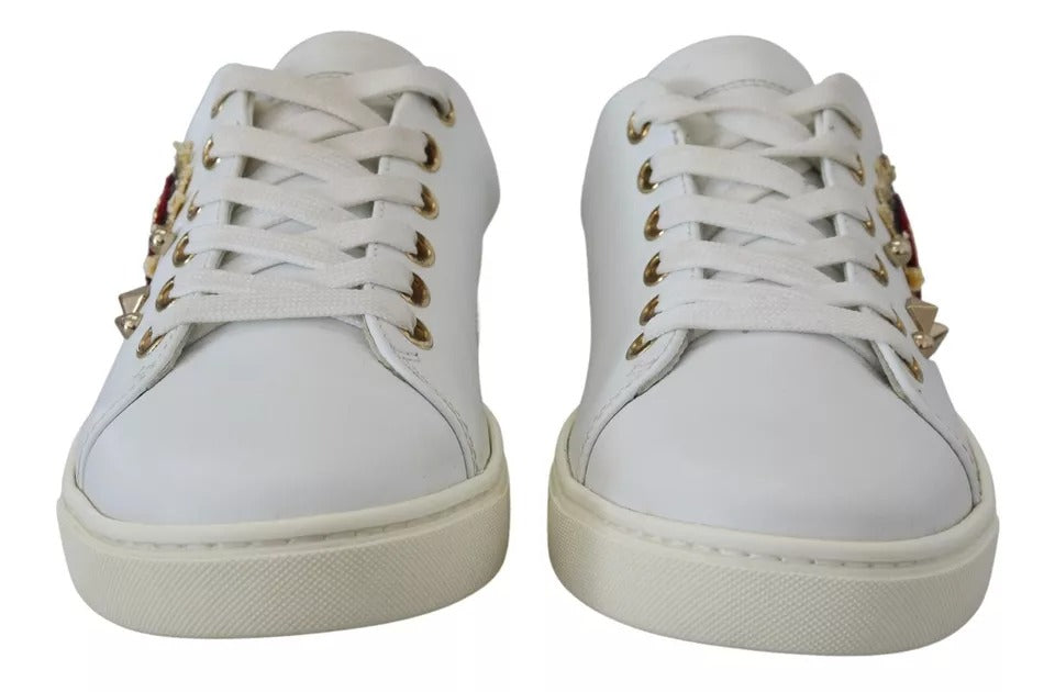 White Leather Gold Red Heart Sneakers Shoes