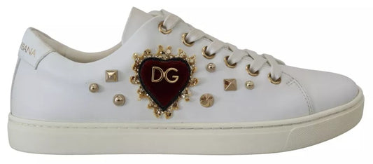 White Leather Gold Red Heart Sneakers Shoes