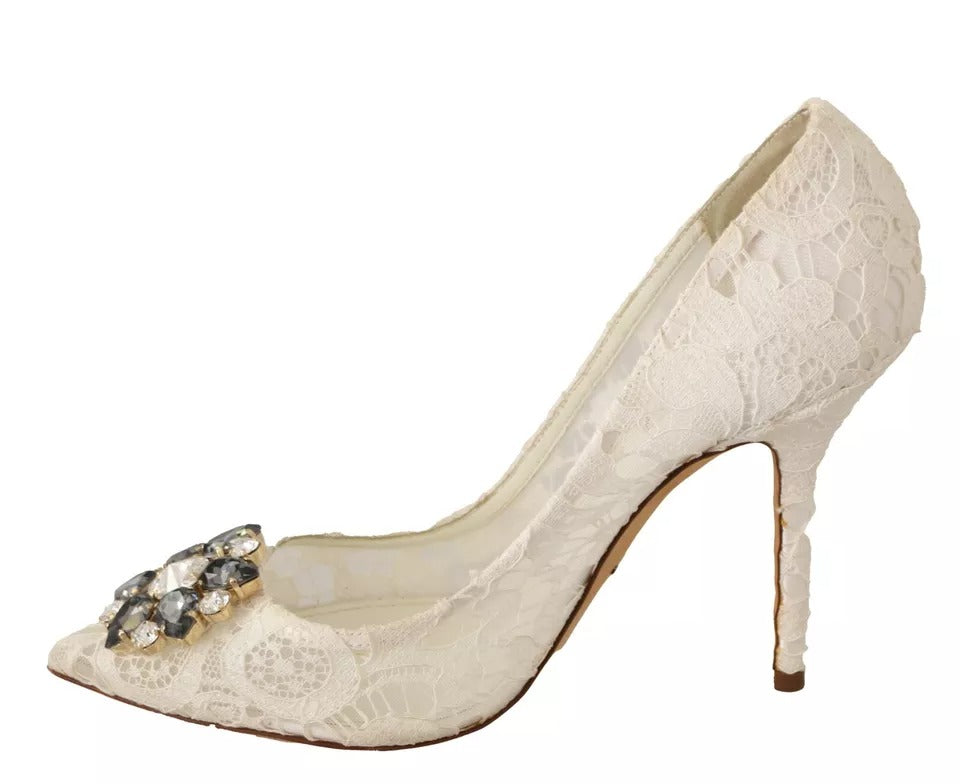 White Taormina Lace Crystal Heels Pumps Shoes