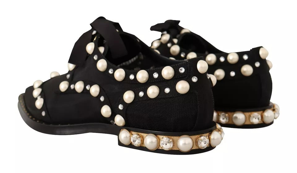 Black Lace Up Jewelled Formal Flats Shoes