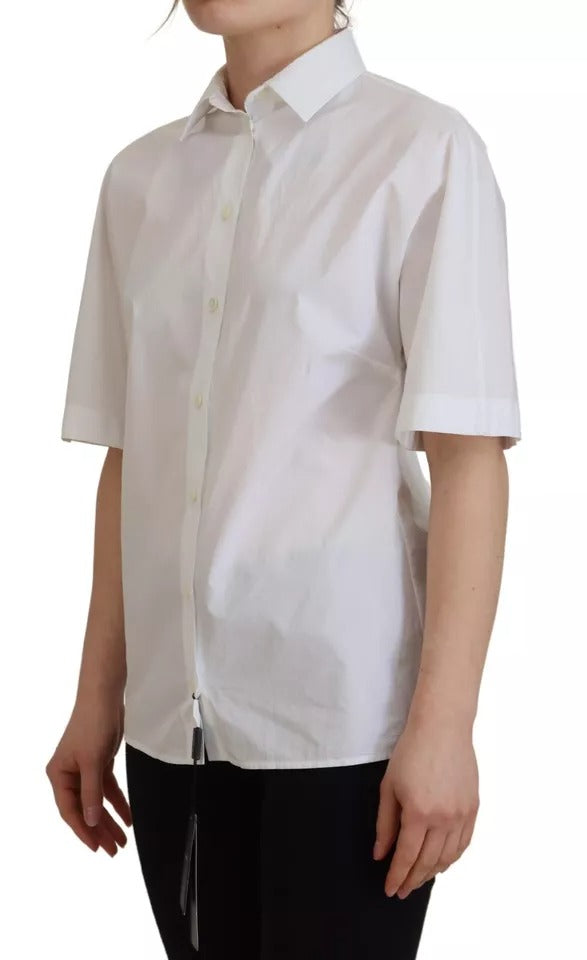 White Cotton Button Front Short Sleeve Shirt