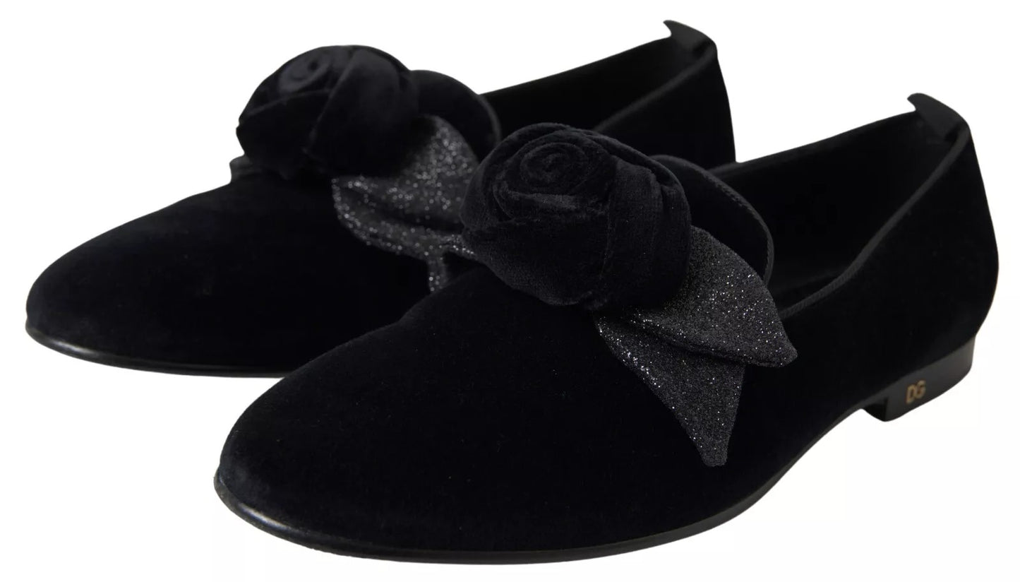 Black Velvet Flats Bow Young Queen Shoes