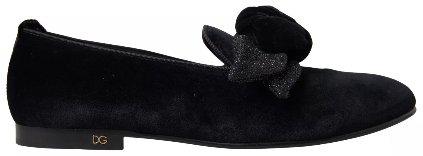 Black Velvet Flats Bow Young Queen Shoes