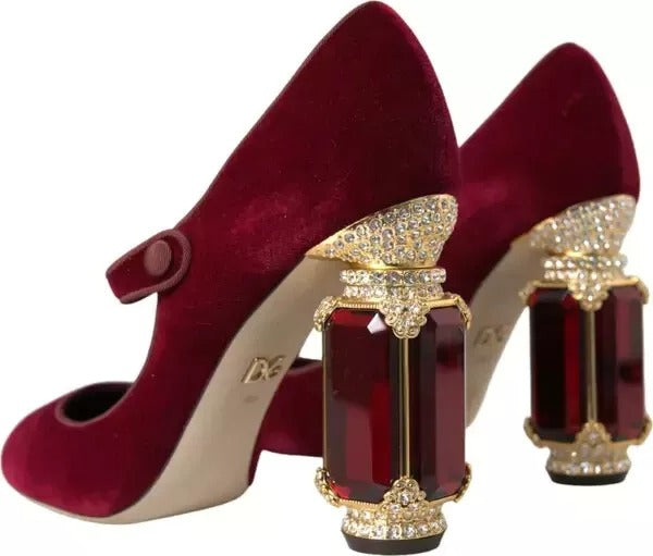 Red Velvet Gold Crystals Heels Mary Janes Shoes