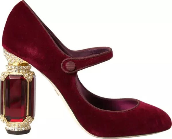 Red Velvet Gold Crystals Heels Mary Janes Shoes