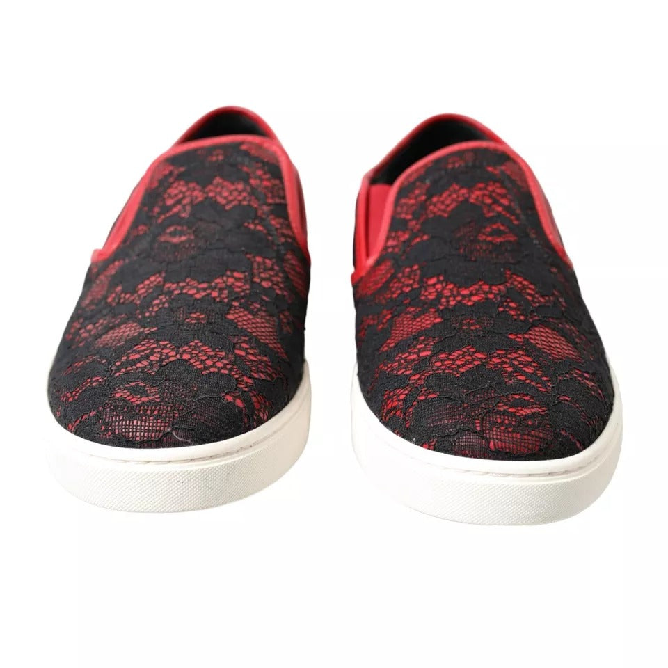 Black Red Lace Slip On Low Top Sneakers Shoes