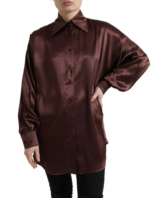 Brown Silk Collared Long Sleeves Top Blouse