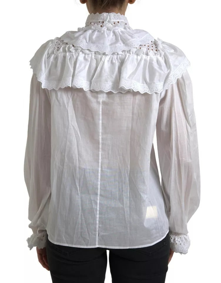 White Cotton Lace Trim Turtle Neck Blouse