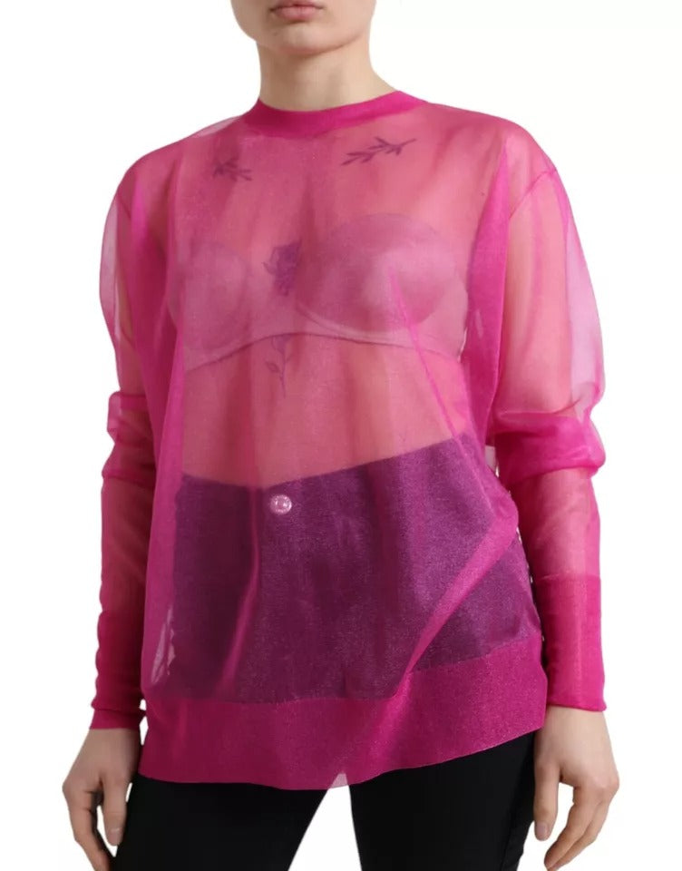 Pink Sheer Long Sleeves Crewneck Top Blouse