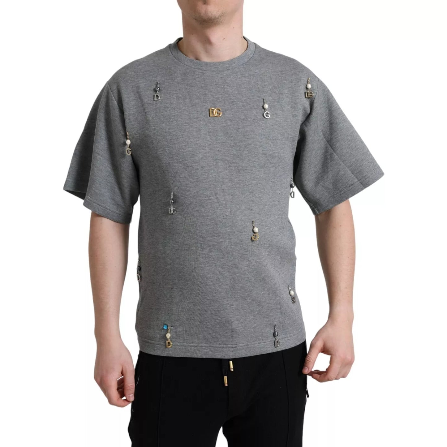 Gray Cotton Embellished Crew Neck  T-shirt